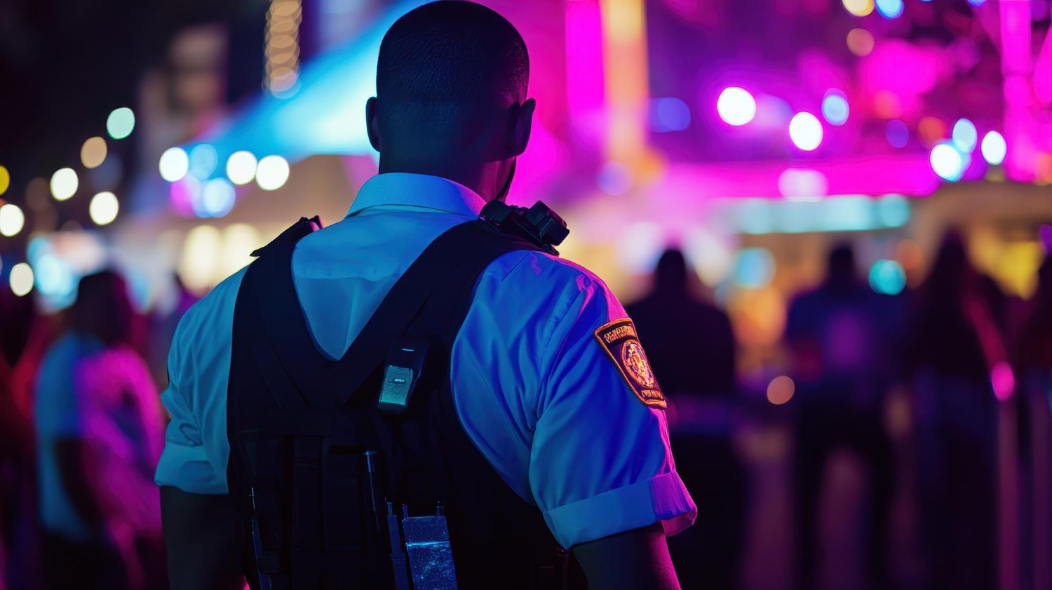 Agent de sécurité en uniforme surveillant un événement de nuit avec éclairages colorés, garantissant la protection du public.